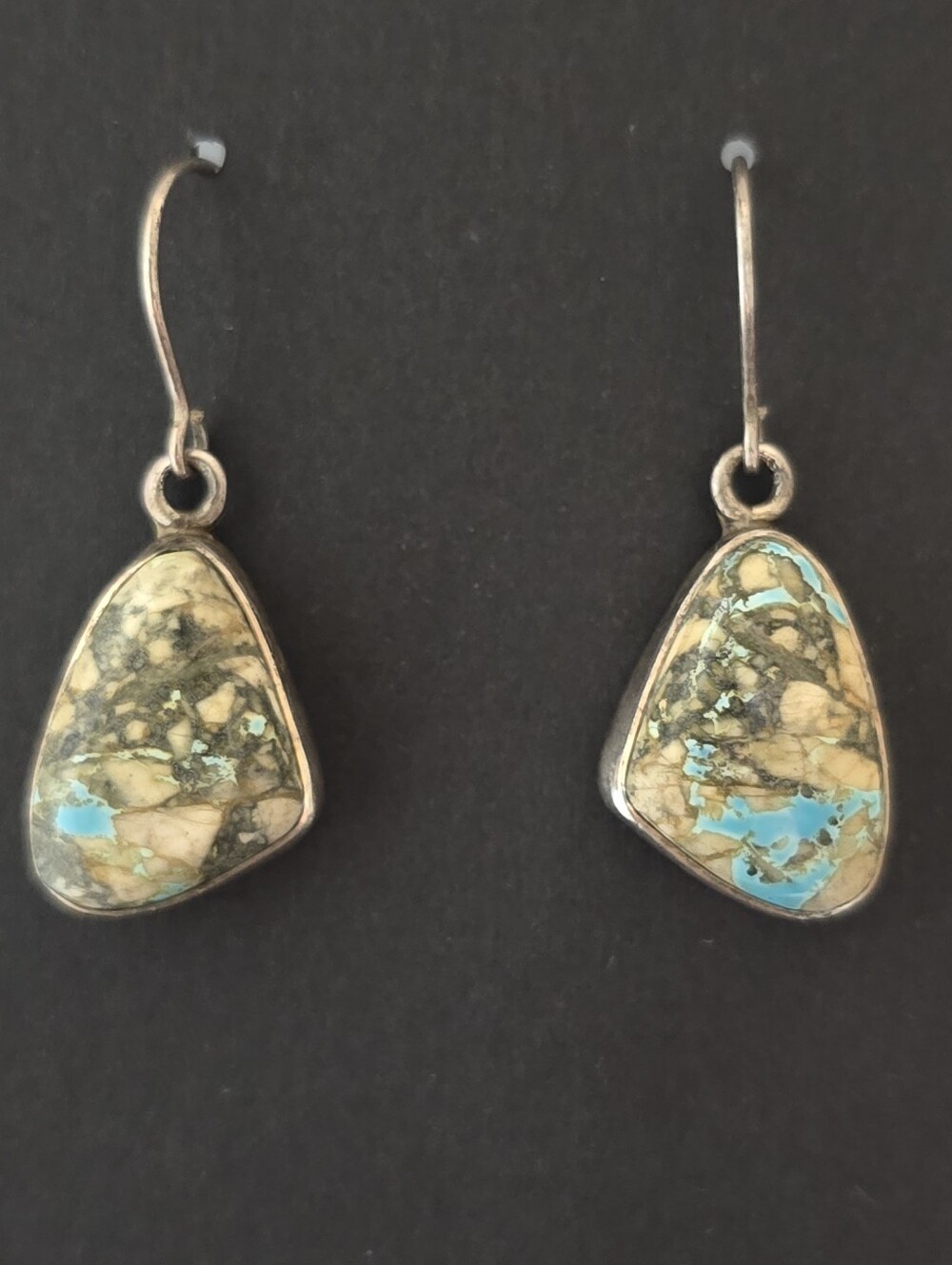 Vtg Native Sterling Silver with Natural Turquoise Dangle Hook Earrings 1.35 Inch